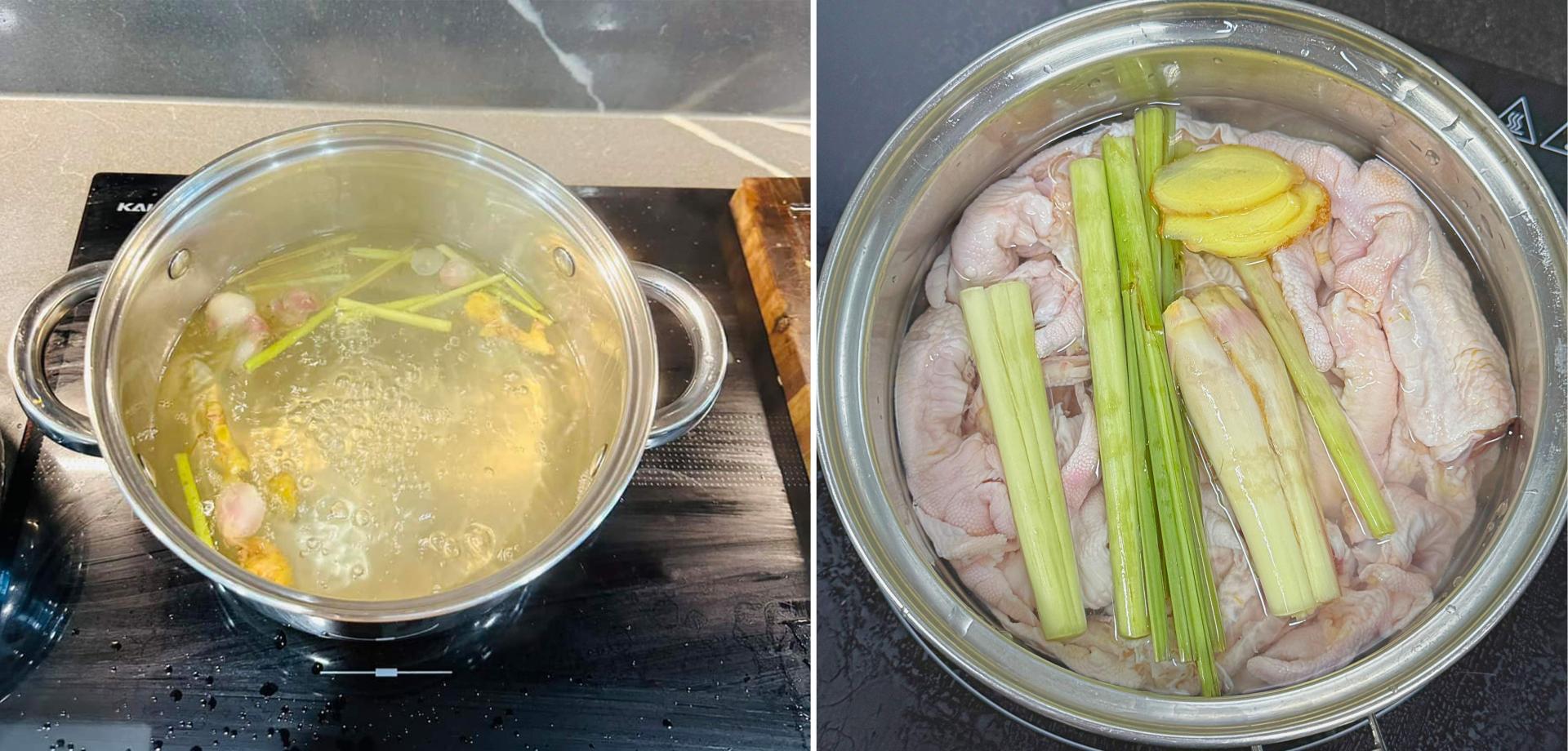 Luộc chân gà và ngâm nước đá